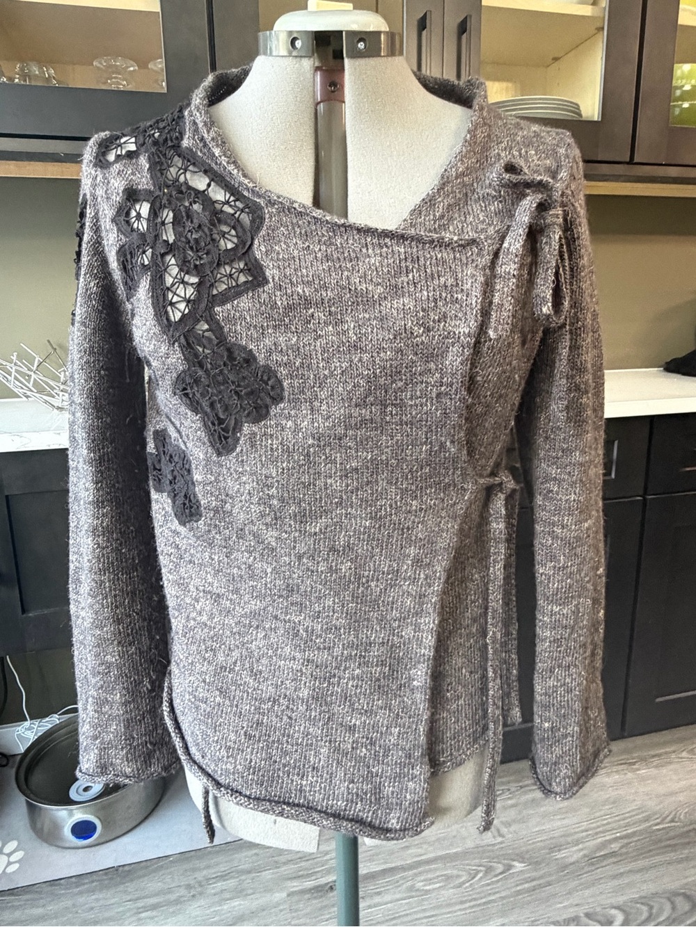 Asymmetrical Gray Knit Sweater with Lace Appliqué Anthropologie